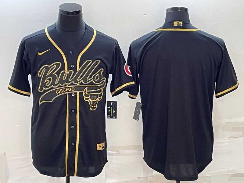 Mens Chicago Bulls Blank Black Gold With Patch Cool Base Stitched Baseball Jersey
